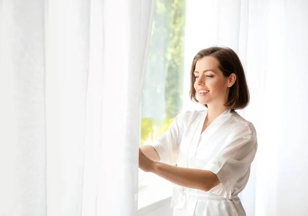 Morning of beautiful young woman near window — Stock Photo, Image