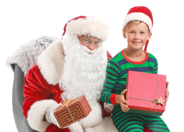 Santa Claus and little elf kid with gifts against white background — Stock Photo, Image