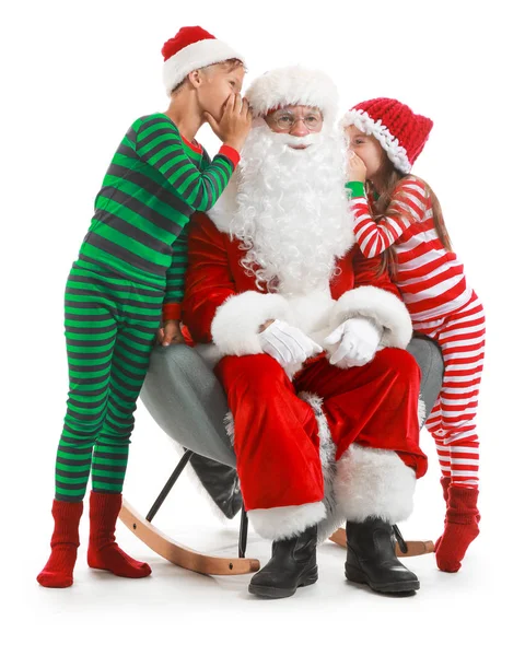 Little children telling Santa their wishes against white background — Stock Photo, Image