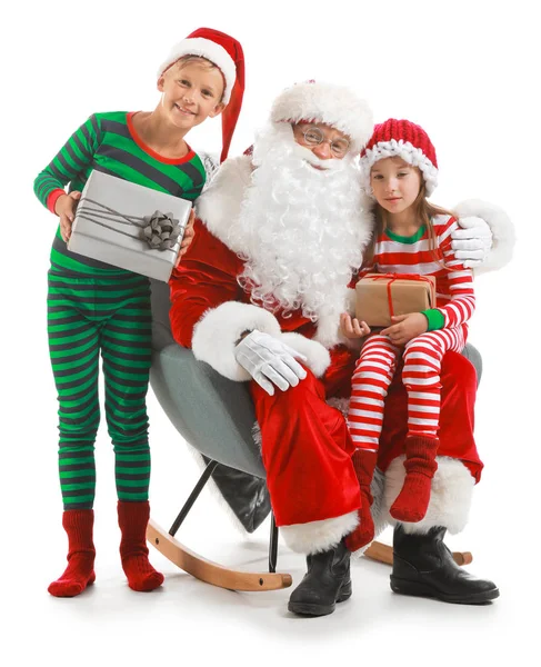 Santa Claus and little elf kids against white background — Stock Photo, Image