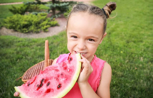 Sevimli küçük kız parkta tatlı karpuz yeme — Stok fotoğraf