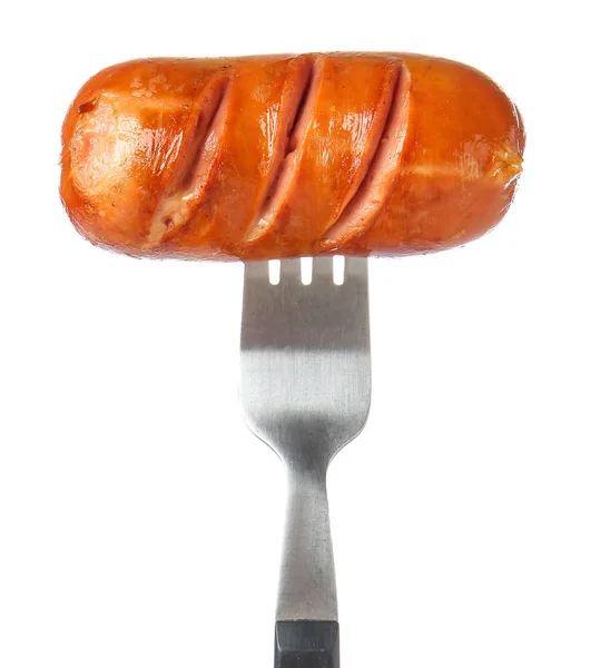 Fork with tasty grilled sausage on white background — Stock Photo, Image