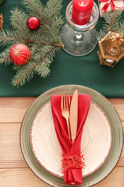 Festive table setting for Christmas dinner, top view — Stock Photo, Image