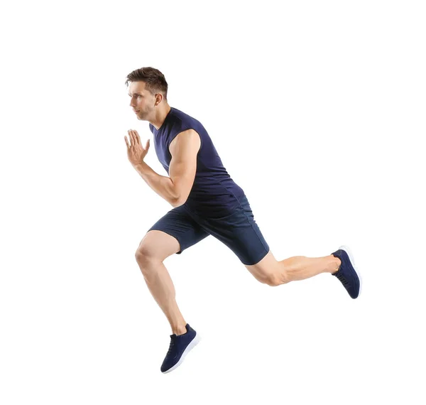 Futás fiatal férfi fehér alapon — Stock Fotó