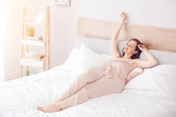 Morning of beautiful young woman in bedroom — Stock Photo, Image