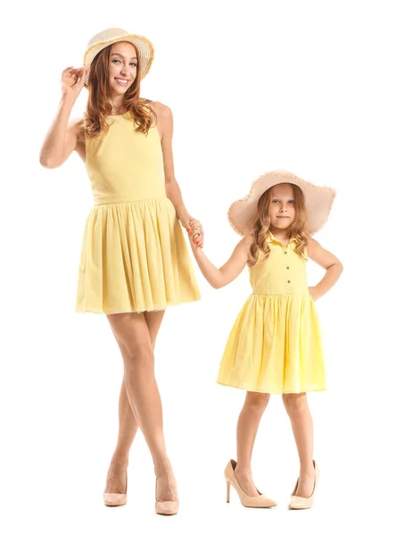 Portrait of fashionable woman with her little daughter on white background — Stock Photo, Image