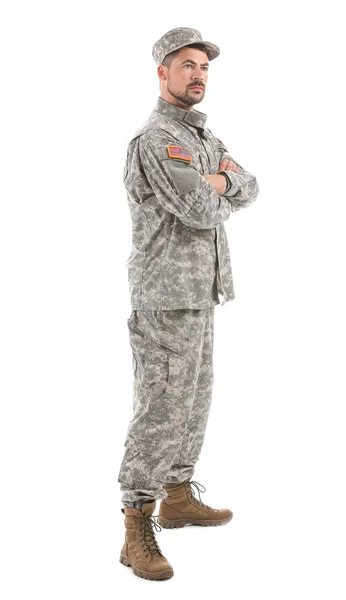 Soldier in camouflage on white background — Stock Photo, Image