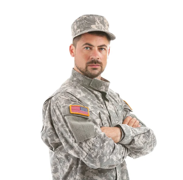 Солдат у камуфляжі на білому тлі — стокове фото