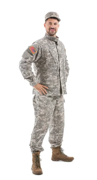 Soldier in camouflage on white background — Stock Photo, Image