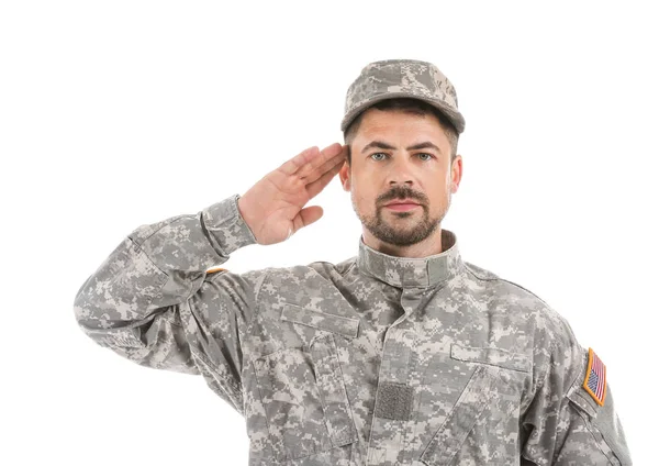 Soldado saudando no fundo branco — Fotografia de Stock