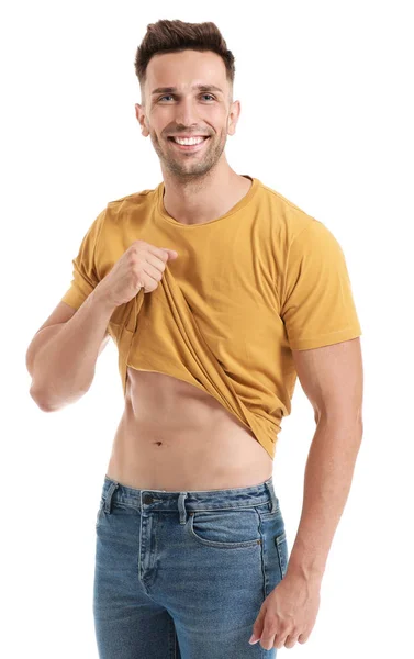 Handsome muscular man on white background. Weight loss concept — Stock Photo, Image