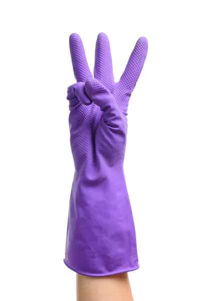 Mão feminina em luva mostrando três dedos no fundo branco — Fotografia de Stock