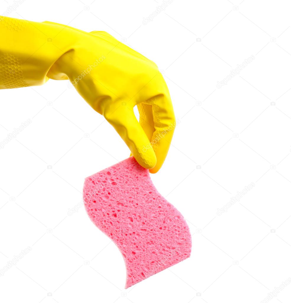 Female hand in glove holding cleaning sponge on white background