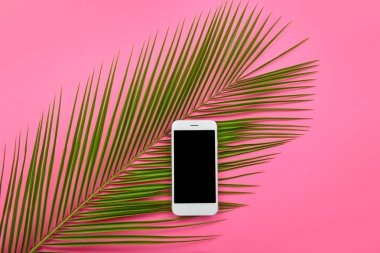 Cep telefonu ve renkli arka planda tropikal yaprak