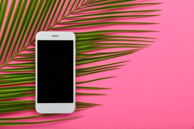 Cep telefonu ve renkli arka planda tropikal yaprak