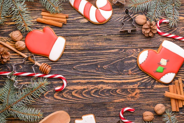 Christmas composition with cookies on wooden background — Stock Photo, Image