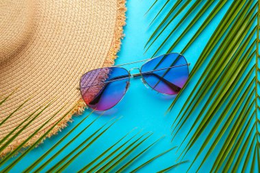 Renkli arka planda hasır şapka ve palmiye yaprakları ile şık güneş gözlüğü
