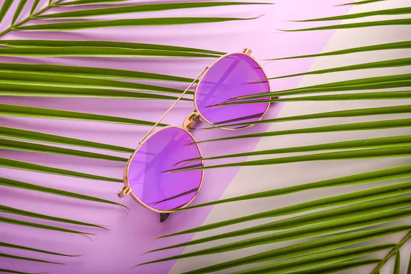 Snygga solglasögon med palmblad på färg bakgrund — Stockfoto