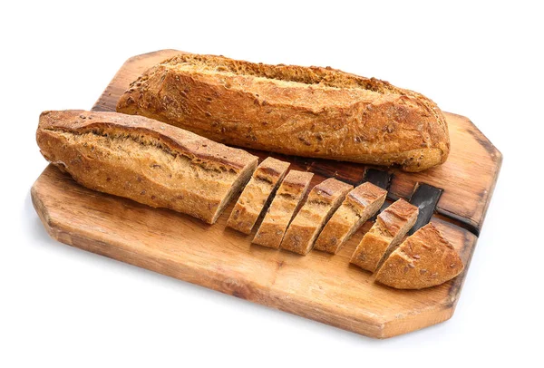 Wooden board with tasty bread on white background — Stock Photo, Image