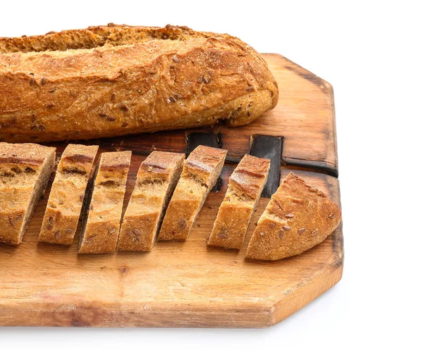 Wooden board with tasty bread on white background — Stock Photo, Image