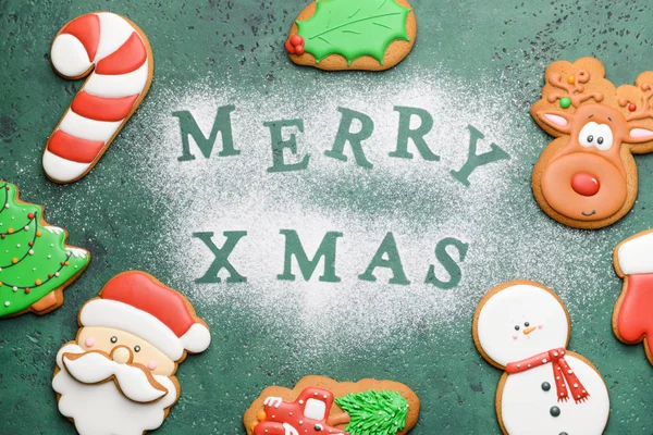 Composition with tasty Christmas cookies on color background — Stock Photo, Image