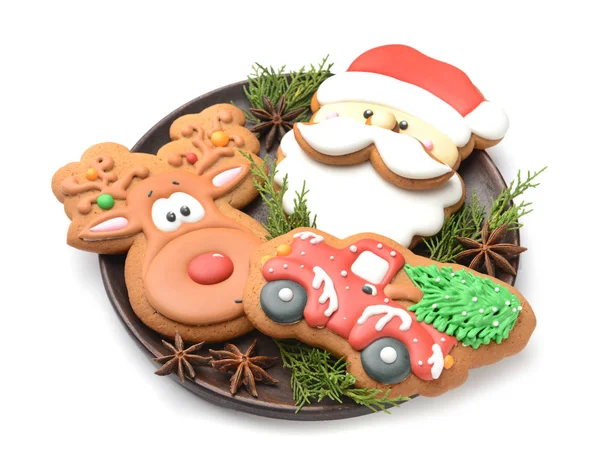 Plate with tasty Christmas cookies on white background — Stock Photo, Image