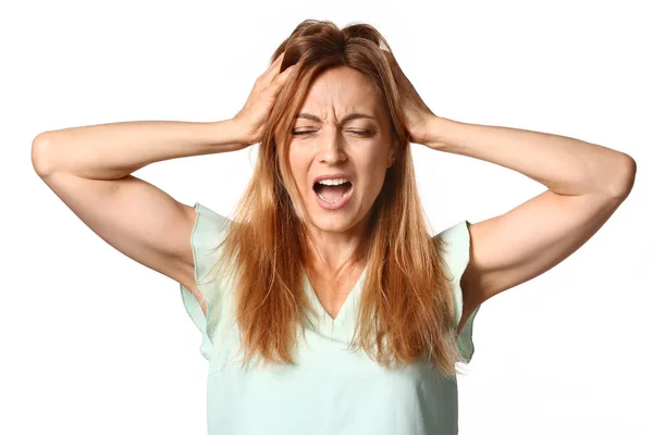 Stressed woman on white background — Stock Photo, Image