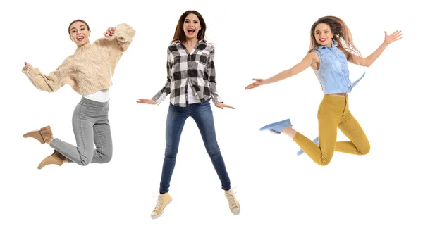 Different jumping women on white background — Stock Photo, Image