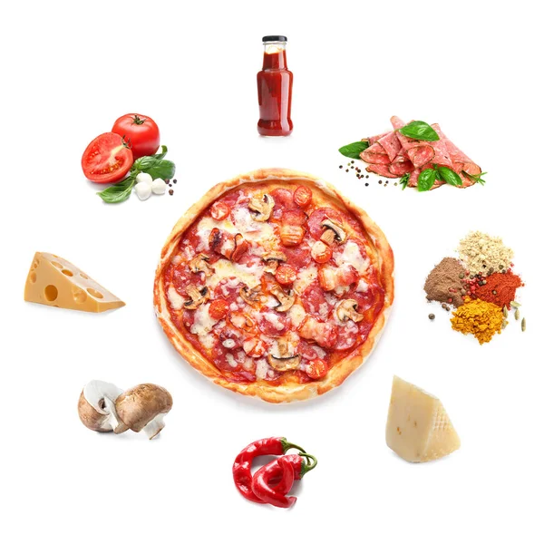 Tasty pizza with ingredients on white background — Stock Photo, Image