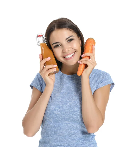 Young woman with healthy carrot juice on white background — Stock Photo, Image