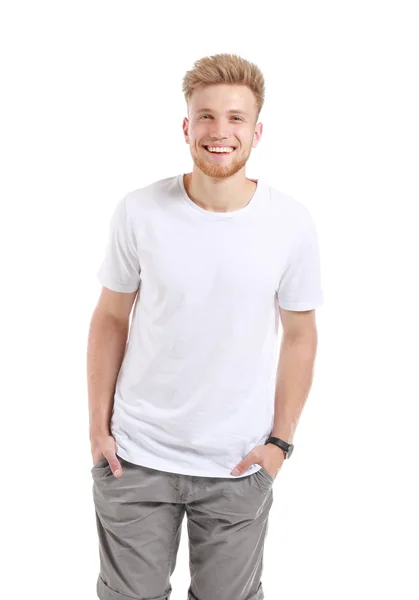 Homem em elegante t-shirt no fundo branco — Fotografia de Stock