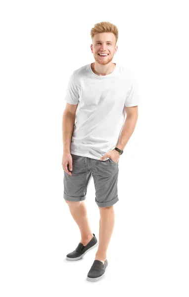 Man i snygg t-shirt på vit bakgrund — Stockfoto