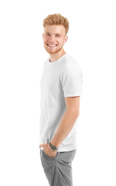 Чоловік у стильній футболці на білому тлі — стокове фото