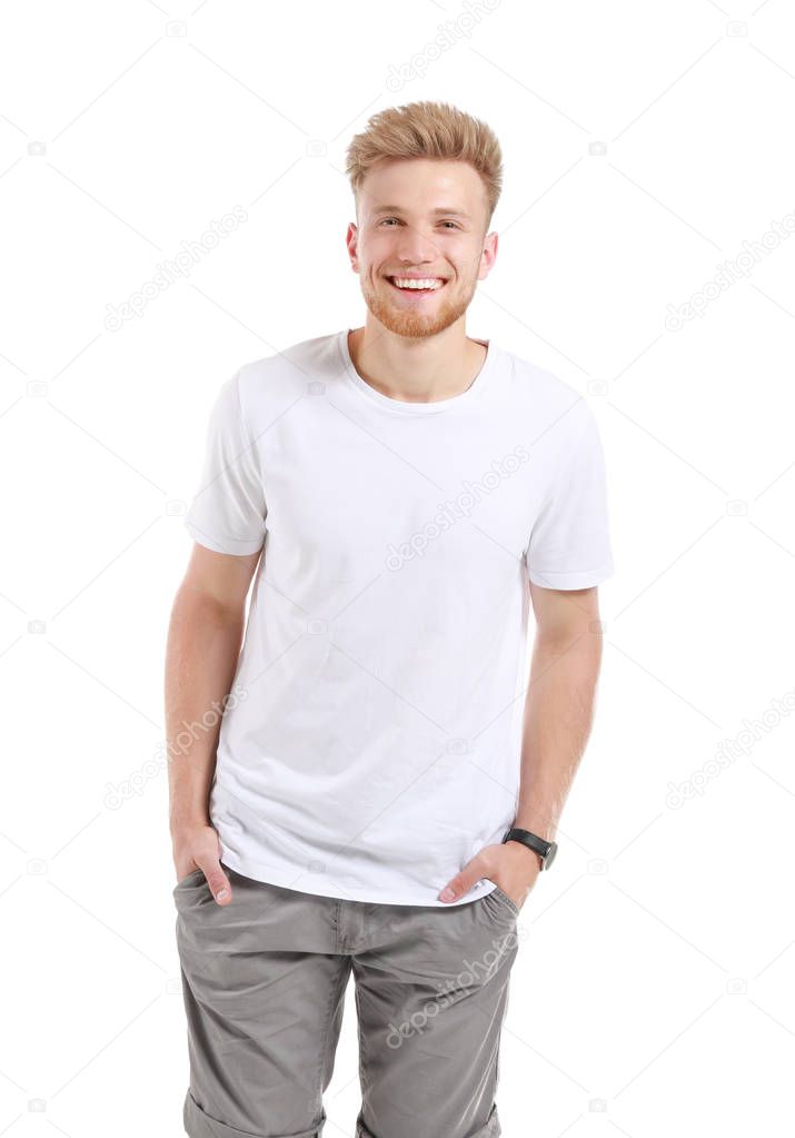 Man in stylish t-shirt on white background