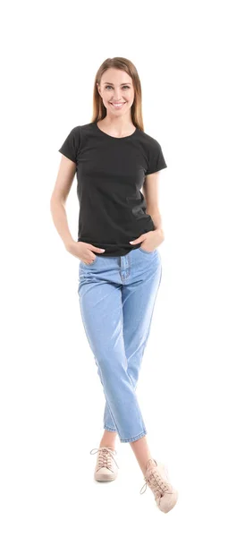 Frau im stylischen T-Shirt auf weißem Hintergrund — Stockfoto