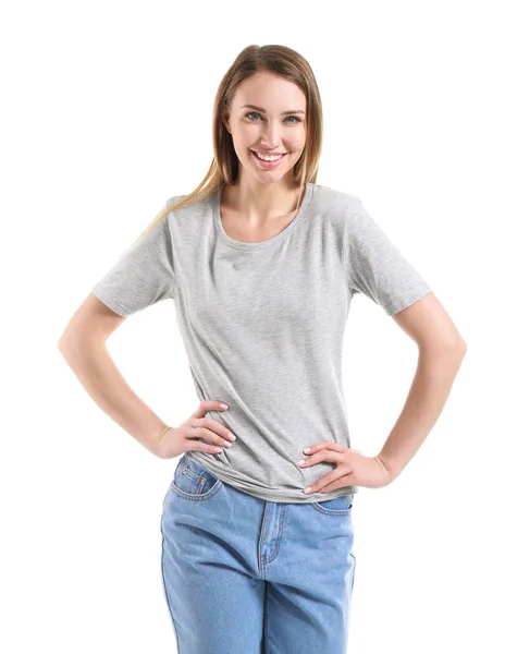 Mulher em elegante t-shirt no fundo branco — Fotografia de Stock