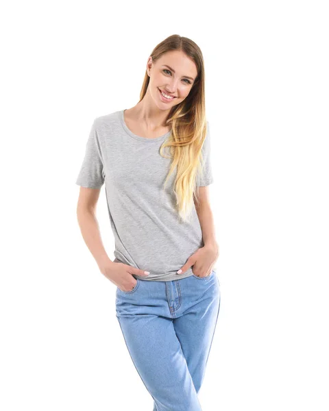 Woman in stylish t-shirt on white background — Stock Photo, Image