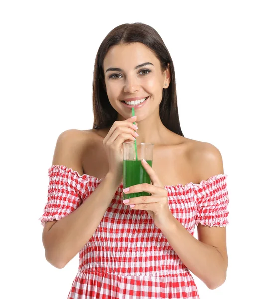 Young woman drinking vegetable juice on white background — Stock Photo, Image