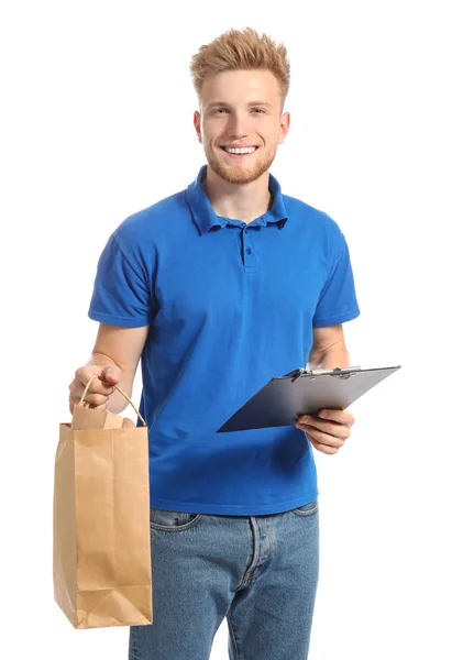 Handsome worker of food delivery service on white background — Stock Photo, Image