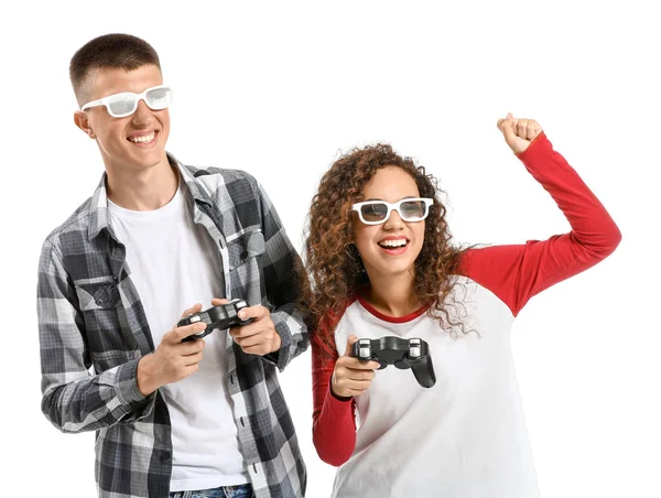 Teenagers playing video game on white background — Stock Photo, Image