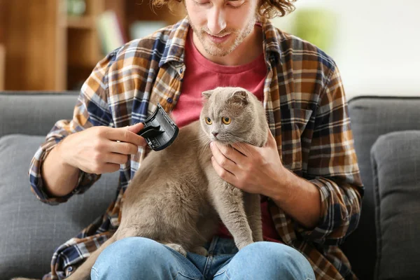 Man brushing cute funny cat at home — Stock Photo, Image