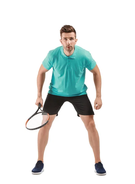 Schöner Tennisspieler auf weißem Hintergrund — Stockfoto