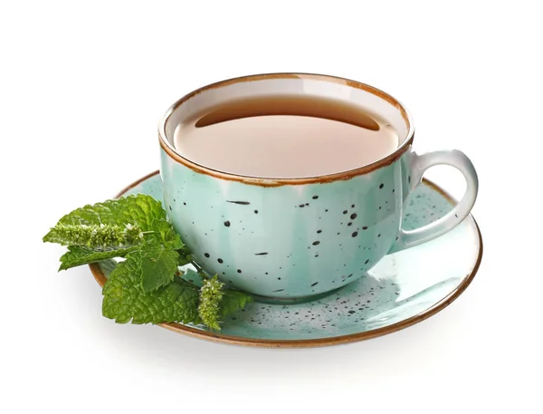 Cup of hot tea with mint on white background — Stock Photo, Image