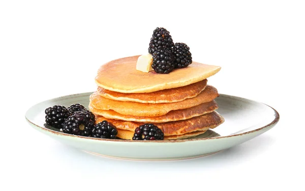 Plate with tasty pancakes and berries on white background — Stock Photo, Image