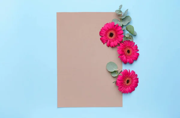 컬러 배경에 빈 카드와 아름다운 거베라 꽃 — 스톡 사진