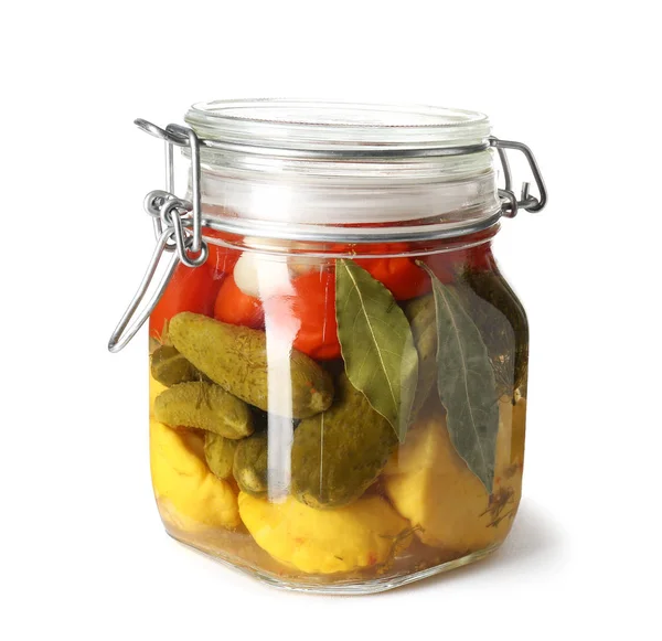 Jar with canned vegetables on white background — Stock Photo, Image