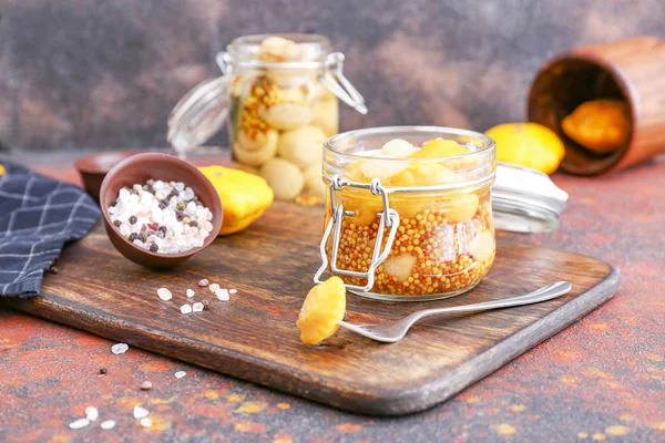 Jar with canned squashes on table — Stock Photo, Image