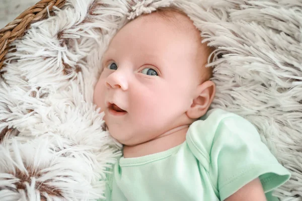 Cute little baby lying in basket — Stock Photo, Image