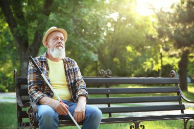 Blind mature man sitting on bench in park clipart