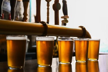 Bar tezgahında taze fıçı bira bardak